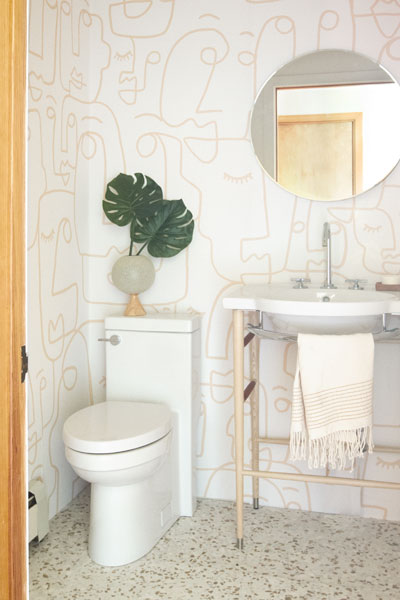 Summer-Inspired Powder Room - Ginger Hotelier Round Mirror, DXV Percy 8'' Widespread Bathroom Sink Faucet, DXV Lowell Console Bathroom Sink, DXV Cossu Toilet